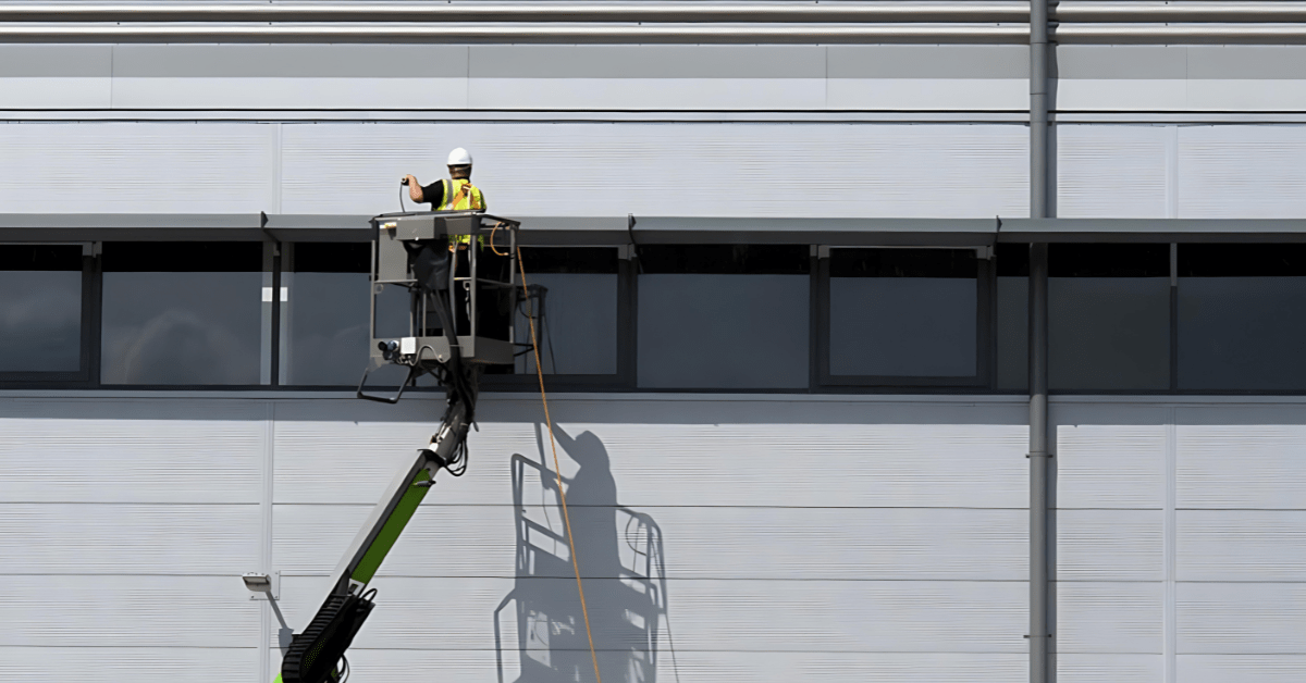 Man cleaning the cladding on a high level building.