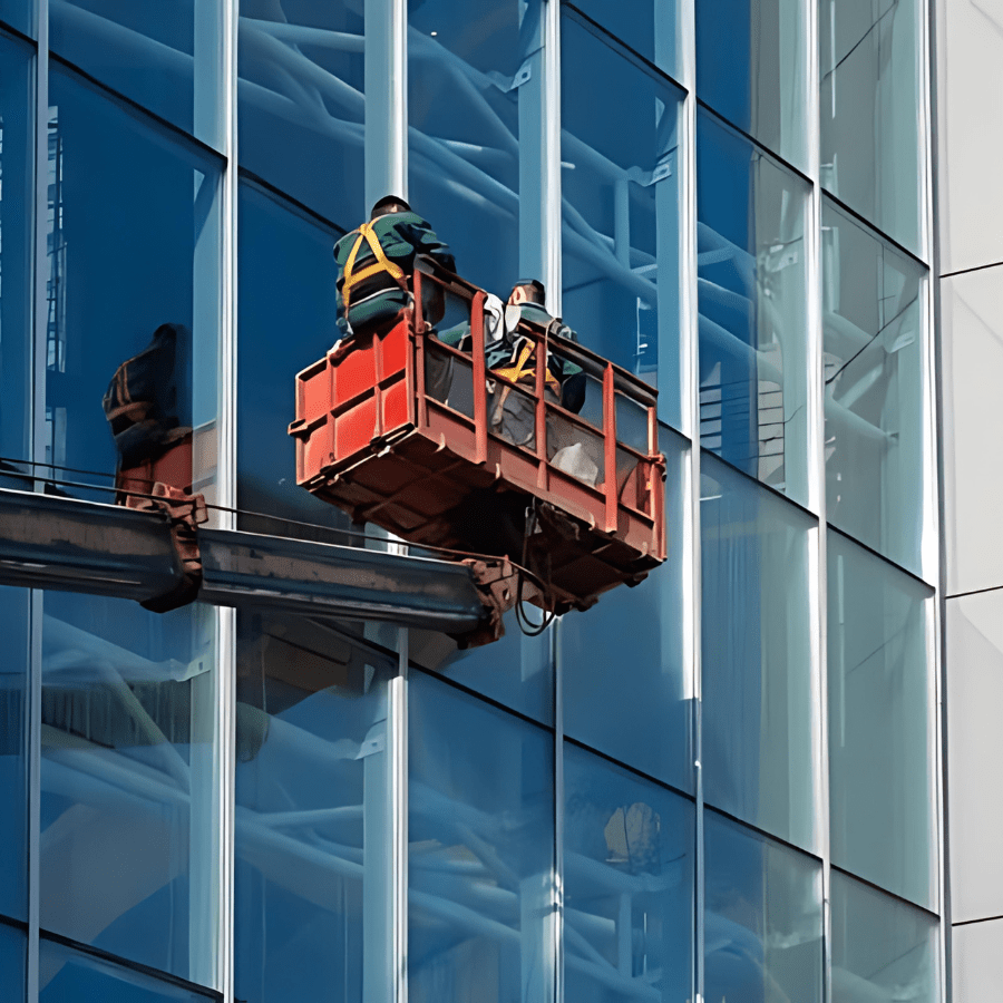 Commercial window cleaners cleaning high-rise glass facade using a cradle.