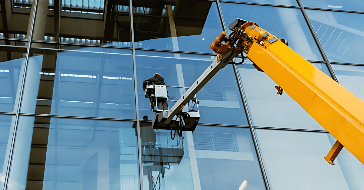 Hydraulic crane system cleaning high-rise building windows.