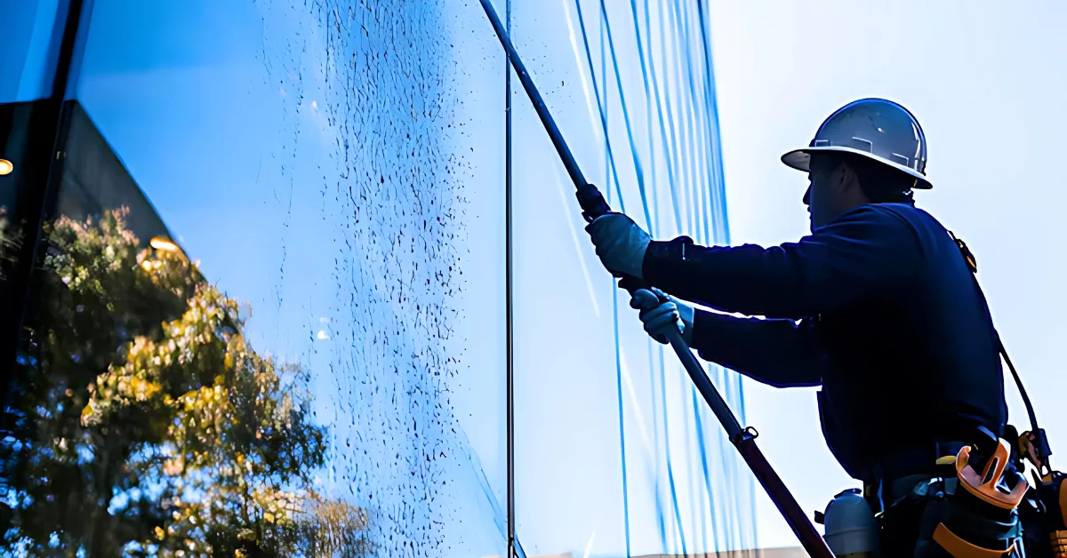 Commercial window cleaner using water-fed pole to clean office windows.