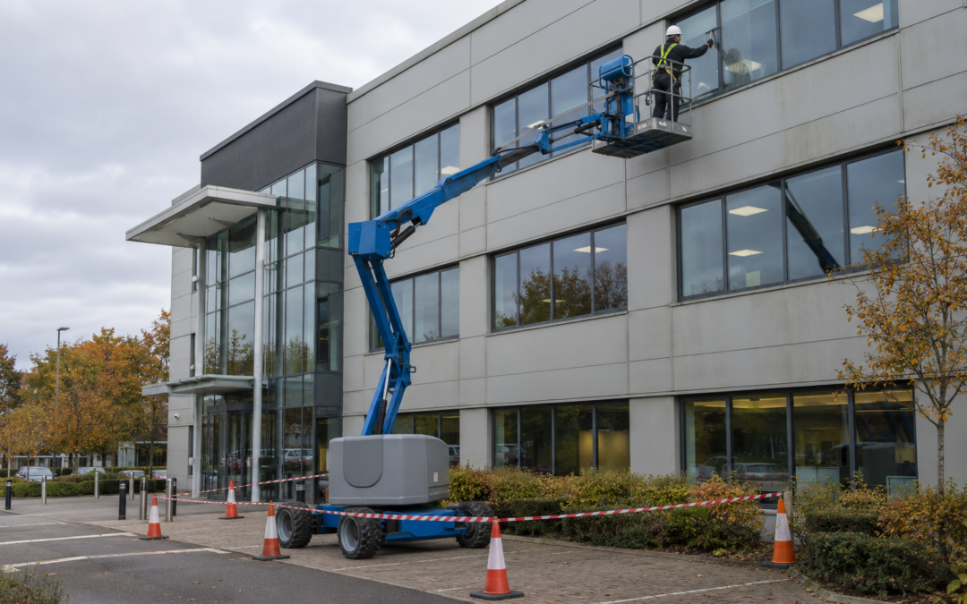 Commercial window cleaner using a cherry picker to clean high-level glazing on an office building.